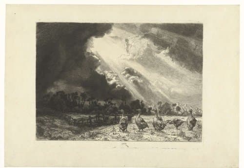 Landschap met naderende onweersbui en ganzen in weide by Félix Bracquemond