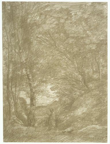 Landschap met Horatius onder grote bomen by Camille Corot