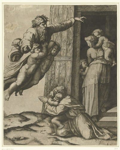 God verschijnt aan Noach na de zondvloed by Marcantonio Raimondi