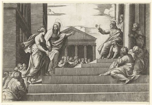 Marta leidt Maria Magdalena naar Christus by Marcantonio Raimondi