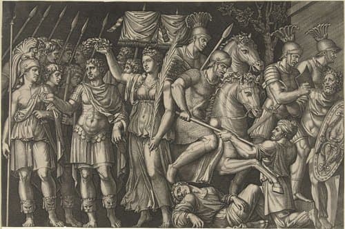 Keizer Trajanus gekroond door Victoria staat naast vrouwelijke personificatie van Rome en Romeinen in gevecht met Daciërs by Marcantonio Raimondi