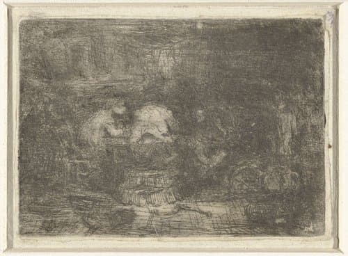 Zittende boeren aan tafel in interieur by Rodolphe Bresdin
