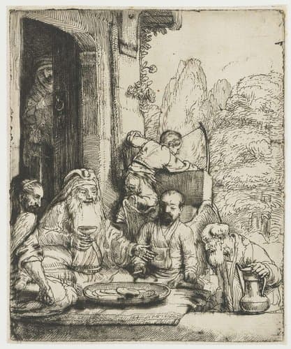Abraham ontvangt de Engelen by Rembrandt van Rijn