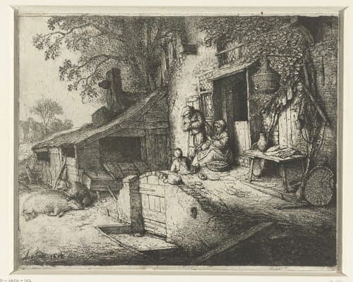 Spinnende vrouw voor een huis by Adriaen van Ostade