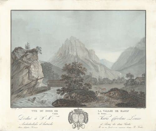 Gezicht op de vallei van Hasly by Charles Melchior Descourtis
