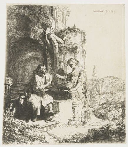 Christ and the woman of Samaria among ruins by Rembrandt van Rijn