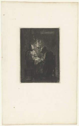 Twee vrouwen zitten te naaien bij verlichting van lamp by Jean François Millet