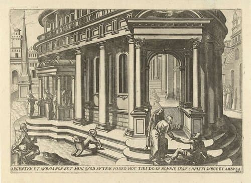 Petrus en Johannes genezen een kreupele voor de tempel