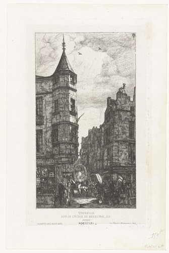 Torentje op hoek van pand aan Rue de l'Ecole de médicine in Parijs by Charles Meryon