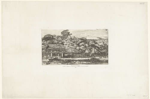 Hutten en voorraadschuren in Akaroa by Charles Meryon