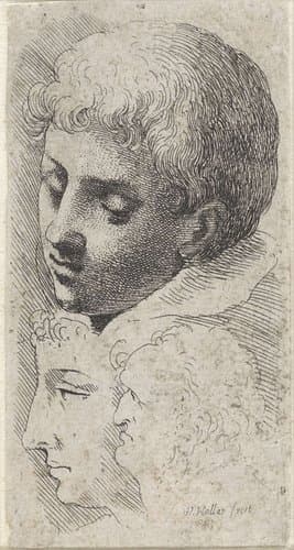 Hoofd van een jongen en twee profielen van mannen by Wenceslaus Hollar