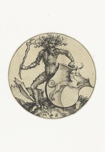 Wapenschild met een hond, vastgehouden door een wildeman met een knots by Martin Schongauer