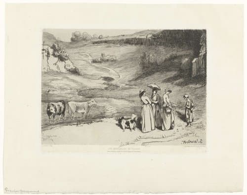 Jonge vrouwen geven herderin geld in heuvellandschap by Félix Bracquemond