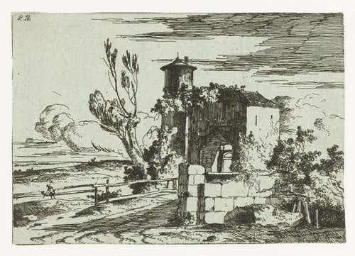 Poortgebouw met ronde toren by Louis Gabriel Moreau