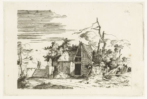 Hutje naast een trap by Louis Gabriel Moreau