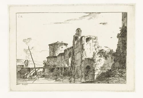 Fort en een brug over de rivier by Louis Gabriel Moreau