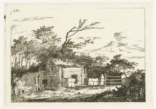 Huis op een erf met gesloten hek by Louis Gabriel Moreau