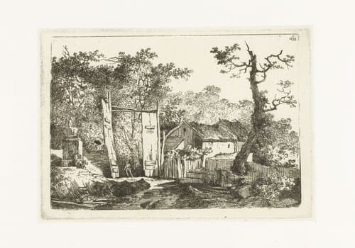 Erf met een houten poort met openstaande deuren by Louis Gabriel Moreau