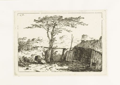 Schuur bij een ingang van een erf by Louis Gabriel Moreau