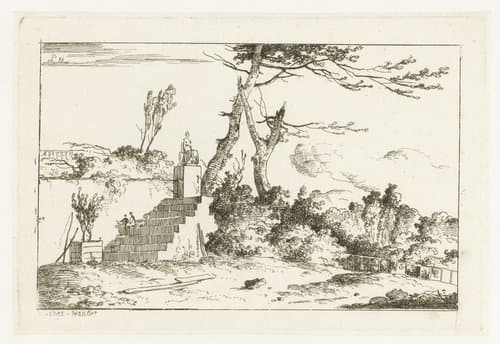 Trap naar een bordes met een beeld by Louis Gabriel Moreau