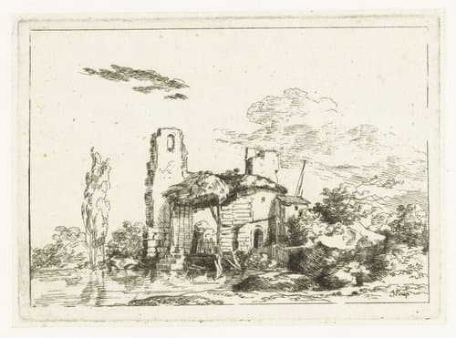 Sluis met een rieten dak by Louis Gabriel Moreau