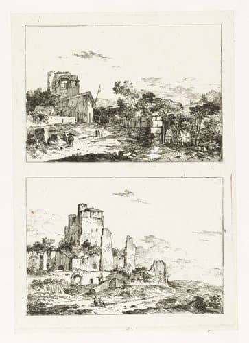 Landschap met een huis met vlaggenstok en Landschap met hoge ruïne by Louis Gabriel Moreau