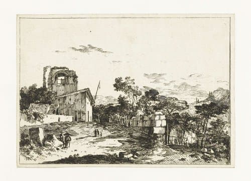 Landschap met een huis met vlaggenstok by Louis Gabriel Moreau