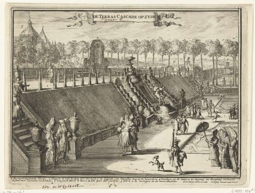Gezicht (van opzij) op een terraswaterval in het park van Paleis Het Loo by Romeyn de Hooghe