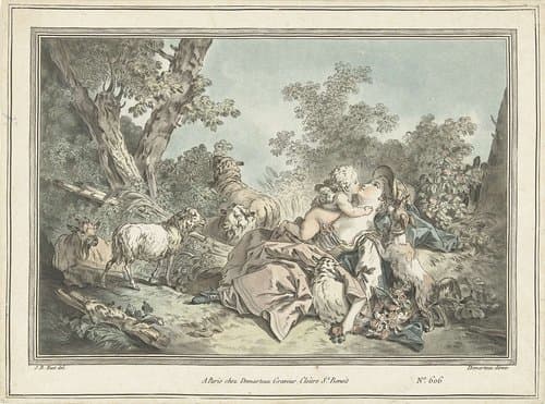 Herderin omhelst door Amor by Gilles Antoine Demarteau