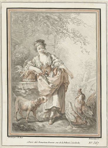 Jonge vrouw met hond en haan en hen by Gilles Demarteau