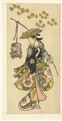 Jonge vrouw met vogelkooi by Okumura Toshinobu