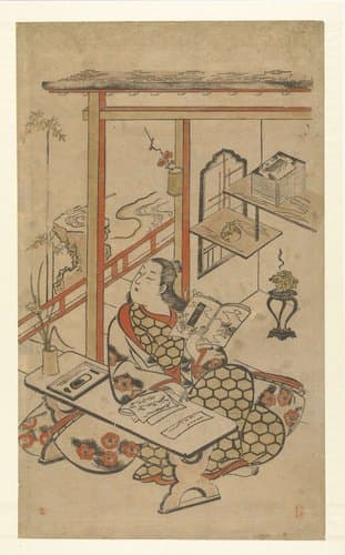 Vrouw aan tafel,  lezend in de "Vertelling van Genji". by Kiyomasu (I) , Torii
