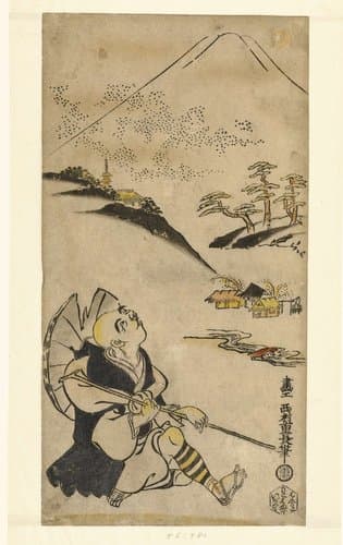 De dichter-priester Saigyo Hoshi opkijkend naar de Fuji berg by Nishimura Shigenaga