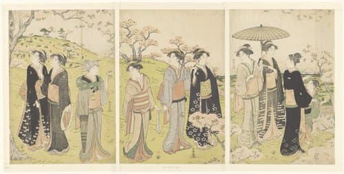 Bewonderen van de kersenbloesem te Asukayama by Katsukawa Shunchō