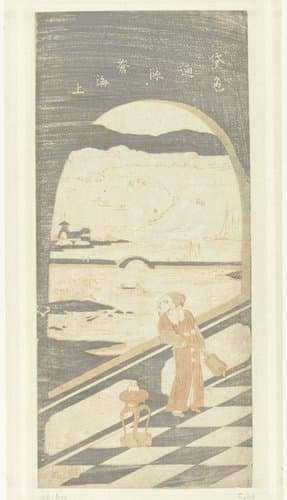 Chinese dichter uitkijkend over waterlandschap by Suzuki Harunobu
