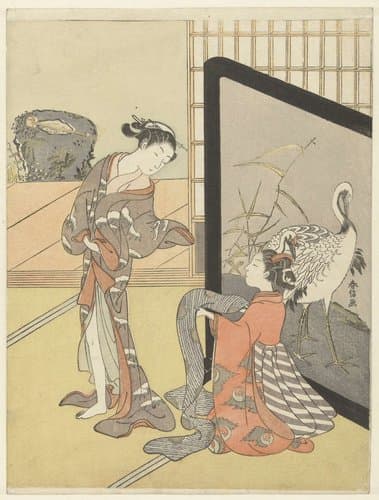 Het kiezen van een obi by Suzuki Harunobu