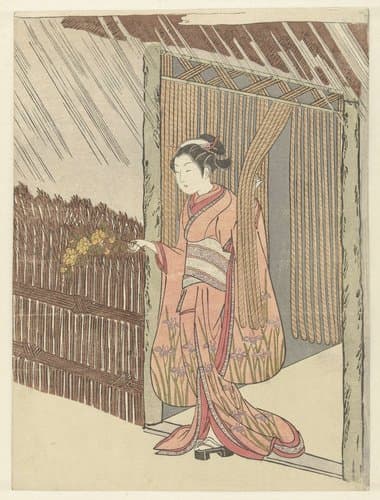 Meisje met een yamabuki tak in handen by Suzuki Harunobu