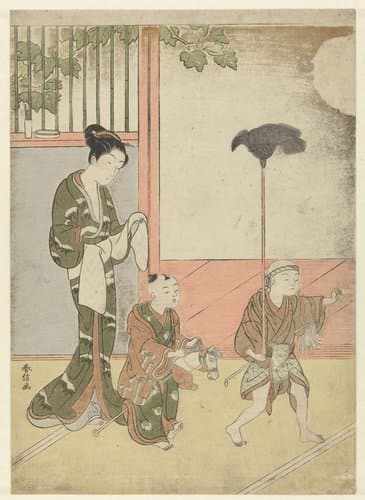 Vrouw en spelende jongetjes by Suzuki Harunobu