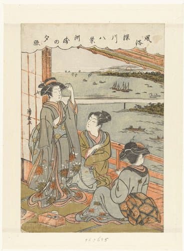 Acht gezichten met gewoonten en gebruiken in Fukagawa by Torii Kiyonaga