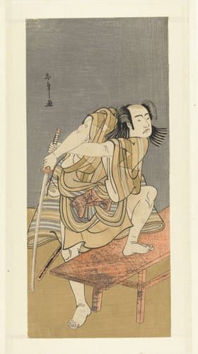 Acteur Sawamura Sojuro III zich opmakend voor een gevecht by Katsukawa Shunsho