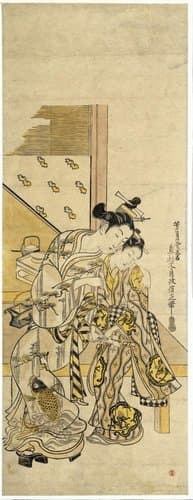 Courtisane fluisterend tegen haar kamuro by Okumura Masanobu