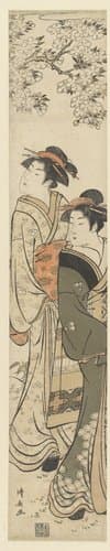 Twee opzij kijkende courtisanes onder een bloesemende kersenboom by Torii Kiyonaga