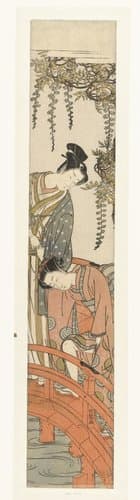 Jongeman en vrouw op de brug bij het Kameido heiligdom by Isoda Kôryûsai