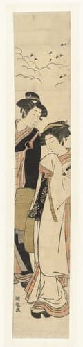 Geliefden Komurasaki en Gompachi vermomd als bedelmonniken by Isoda Kôryûsai