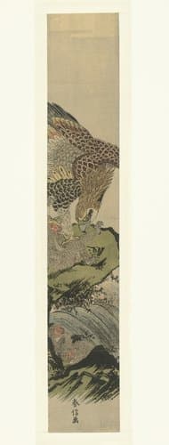 Gevecht tussen een havik en een aap by Suzuki Harunobu