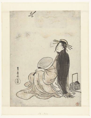Courtisane met waaier en rookgerei opkijkend naar koekoek by Utagawa Toyohiro