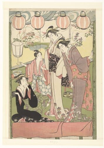 Drie vrouwen en een jongen onder lampionnen by Kitao Masanobu