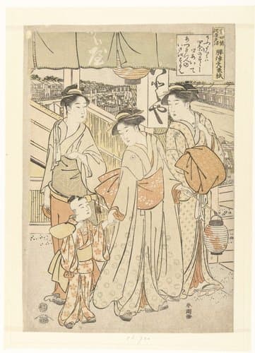 Genieten van de avondbries bij de rivier in Shijo, Kyoto. by Katsukawa Shunchō