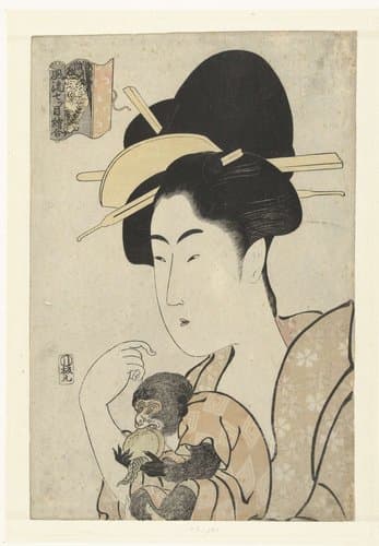 Vrouw met aapje: Aap en tijger by Tamagawa Shûchô