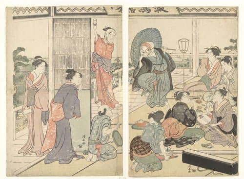 Feest in het Komeikan theehuis by Torii Kiyonaga
